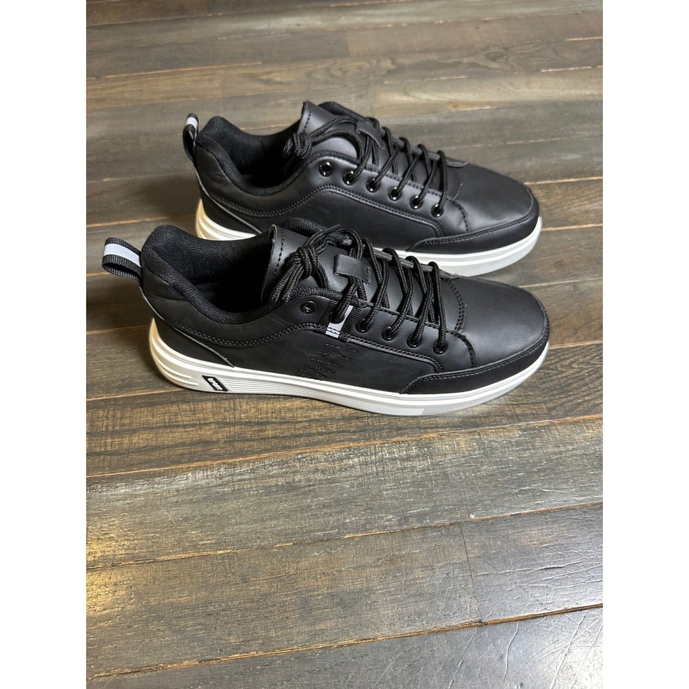 Mens Black Faux Leather Casual Sneakers White Platform Sole Low Top Sport Shoes